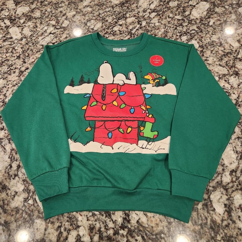NEW Green Sz XS SNOOPY Woodstock Christmas LIGHT UP Roomy Sweatshirt Women's NWT